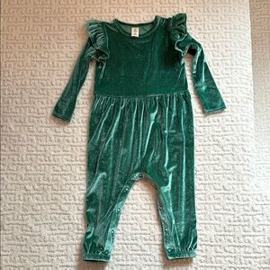 Tucker + Tate Green Velvet Glitter Romper with Ruffle Sleeves